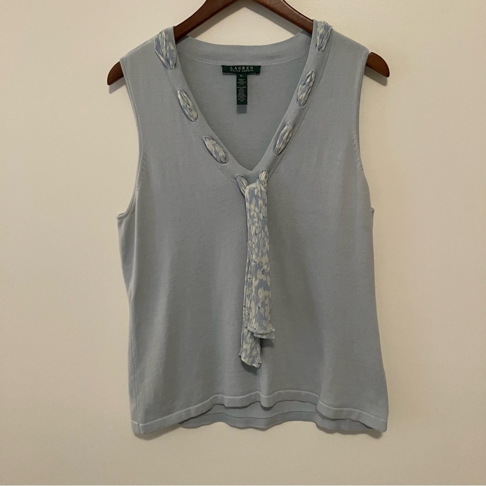Lauren Ralph Lauren Sweater Vest Womens XL Pale Blue Knit Cotton Preppy Scarf